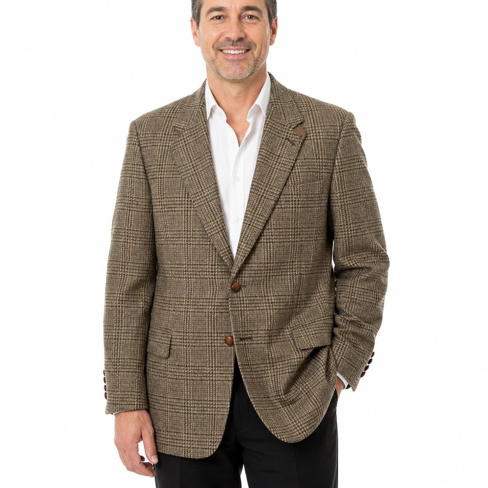 Lands End Mens 43L Vintage Wool Glen Plaid Blazer Brown Elbow Patches Sport Coat
